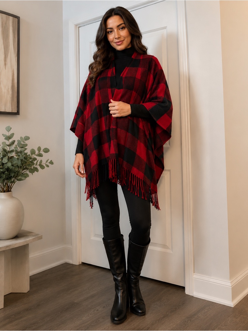 Andrée by Unit Red & Black Buffalo Plaid Fringe Poncho Wrap One Size